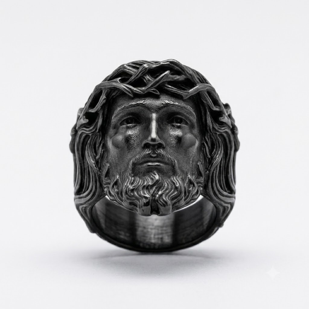 Jesus Ring Christian Face Crown of Thorns Stainless Steel Statement Ring Men-Tithesource-Black-7-