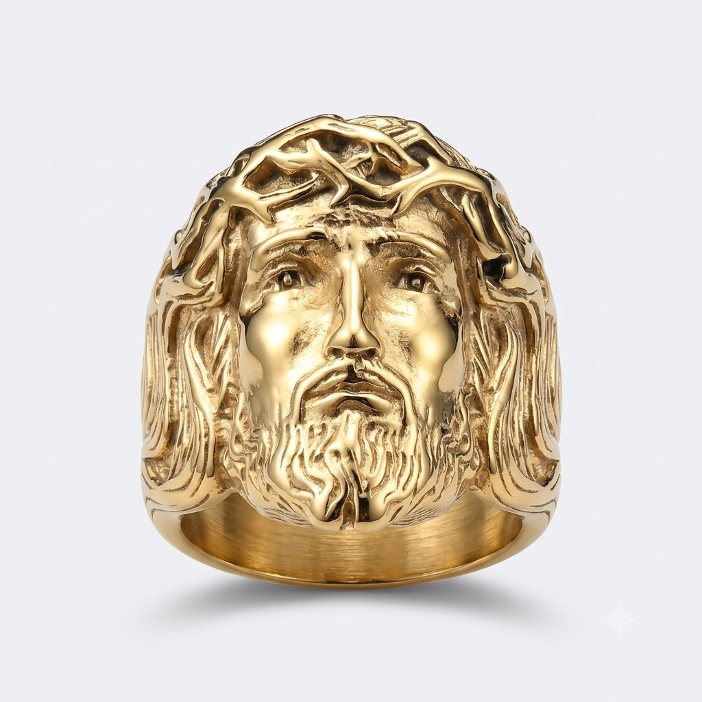 Jesus Ring Christian Face Crown of Thorns Stainless Steel Statement Ring Men-Tithesource-Gold-7-