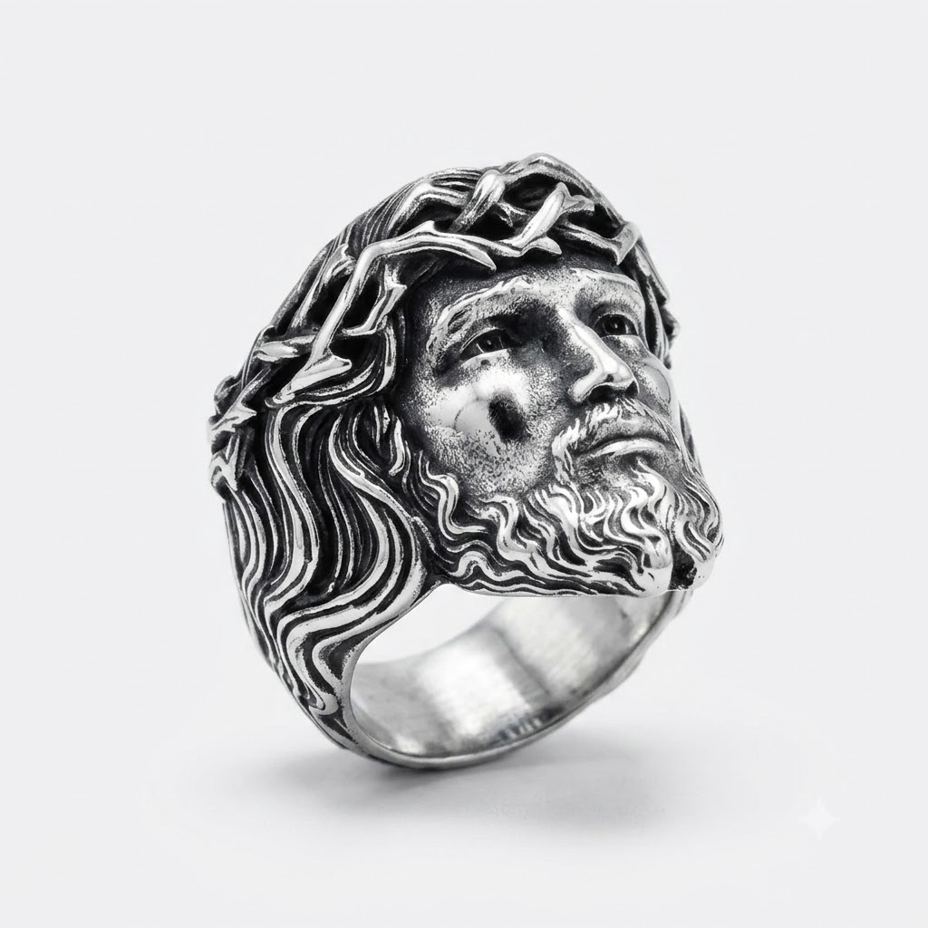 Jesus Ring Christian Face Crown of Thorns Stainless Steel Statement Ring Men-Tithesource-Silver-7-