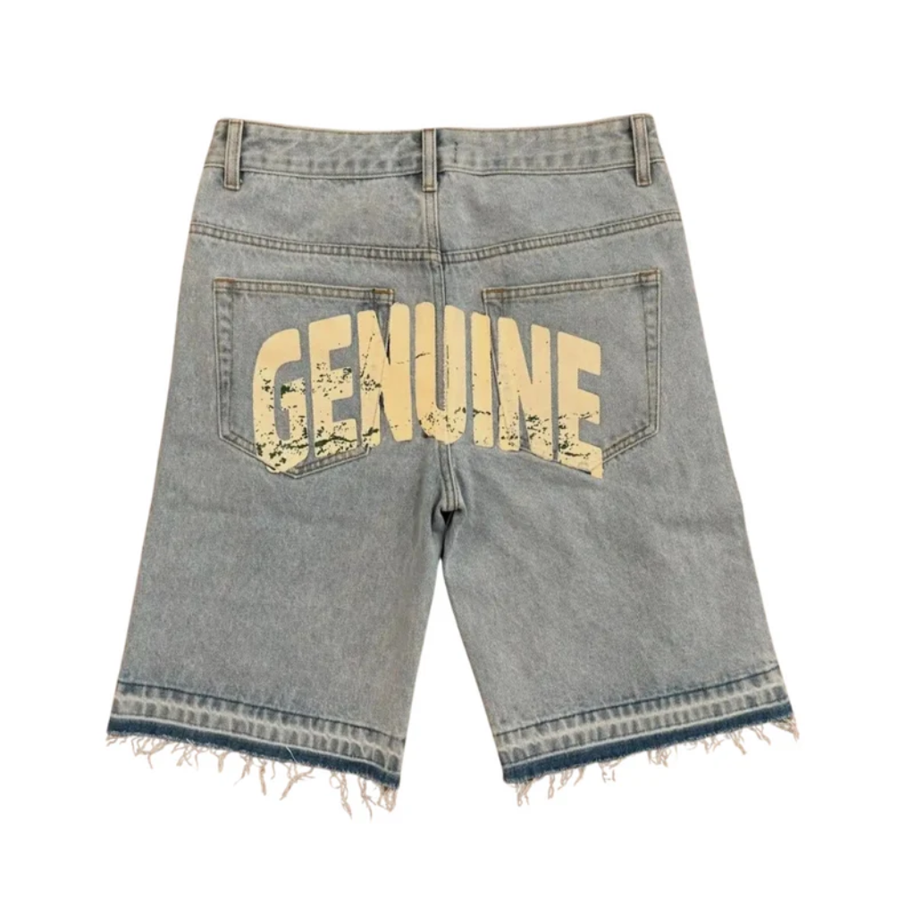 Jorts Mens Baggy Light Wash Denim Shorts Rhinestone Cross Frayed Hem
