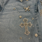 Jorts Mens Baggy Light Wash Denim Shorts Rhinestone Cross Frayed Hem