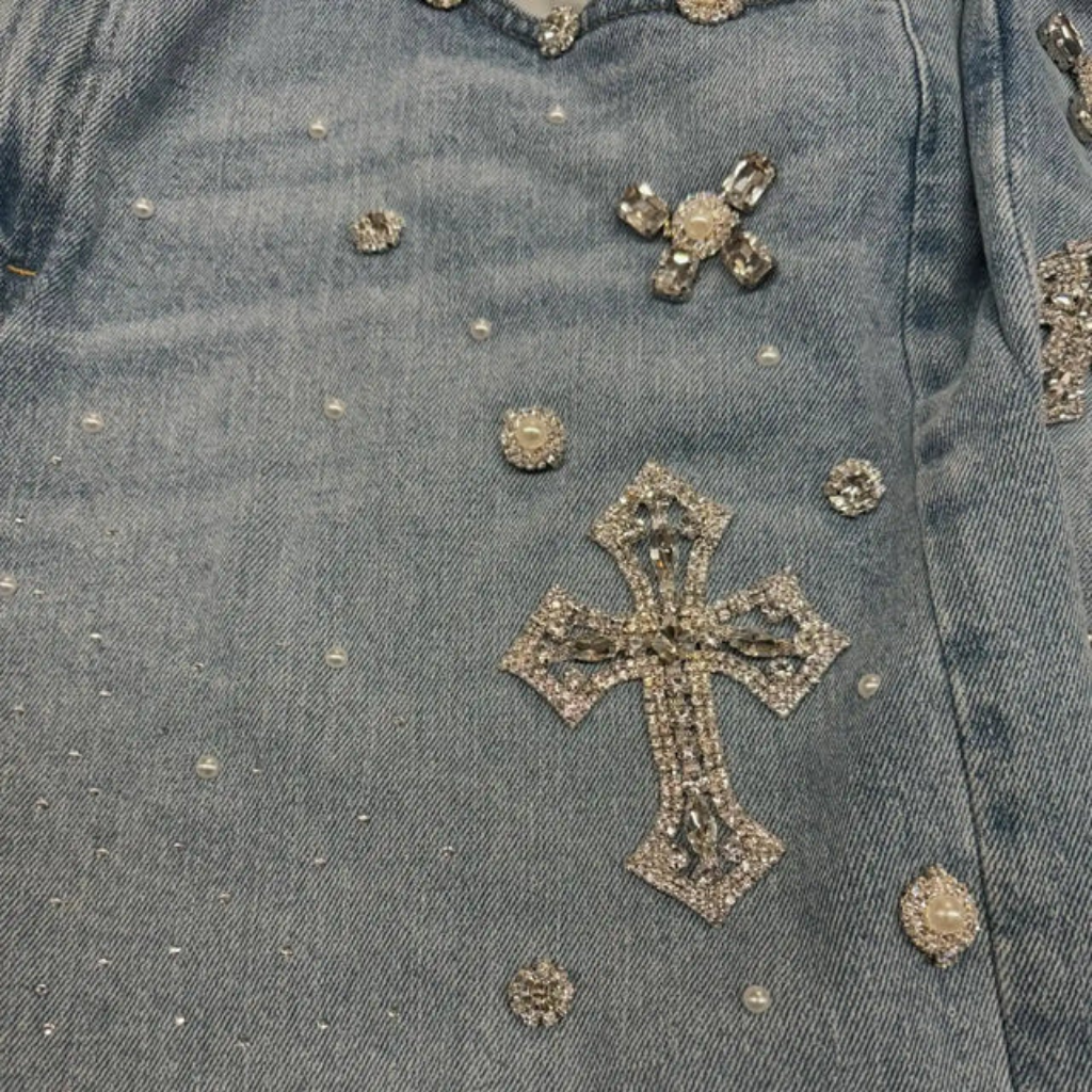Jorts Mens Baggy Light Wash Denim Shorts Rhinestone Cross Frayed Hem