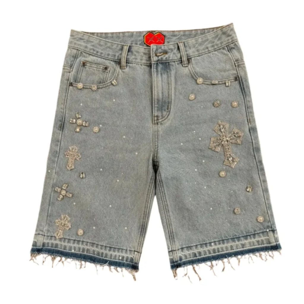 Jorts Mens Baggy Light Wash Denim Shorts Rhinestone Cross Frayed Hem