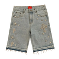 Jorts Mens Baggy Light Wash Denim Shorts Rhinestone Cross Frayed Hem