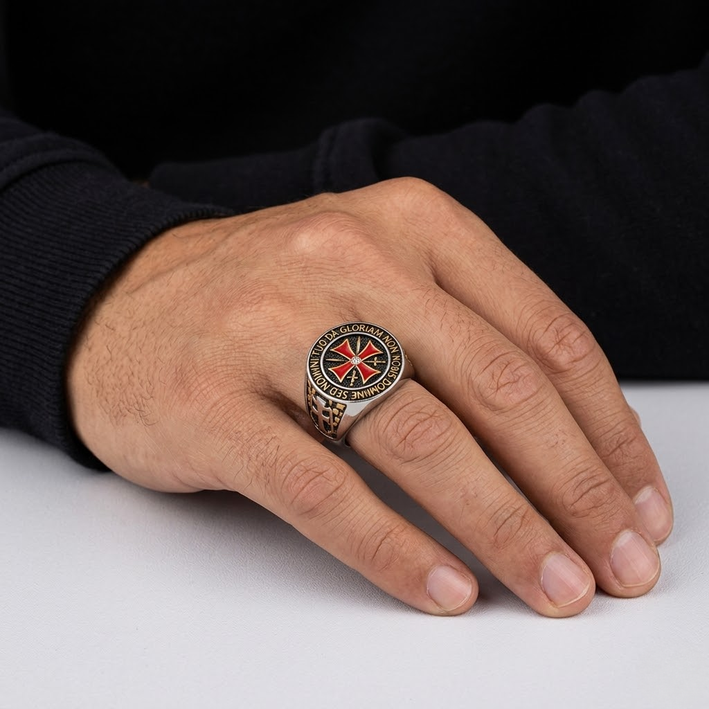 Knights Templar Ring Crusader Red Cross Masonic Signet Stainless Steel-Tithesource-