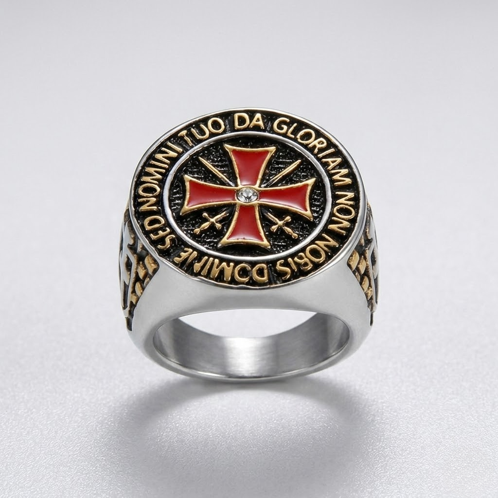Knights Templar Ring Crusader Red Cross Masonic Signet Stainless Steel-Tithesource-Silver-7-