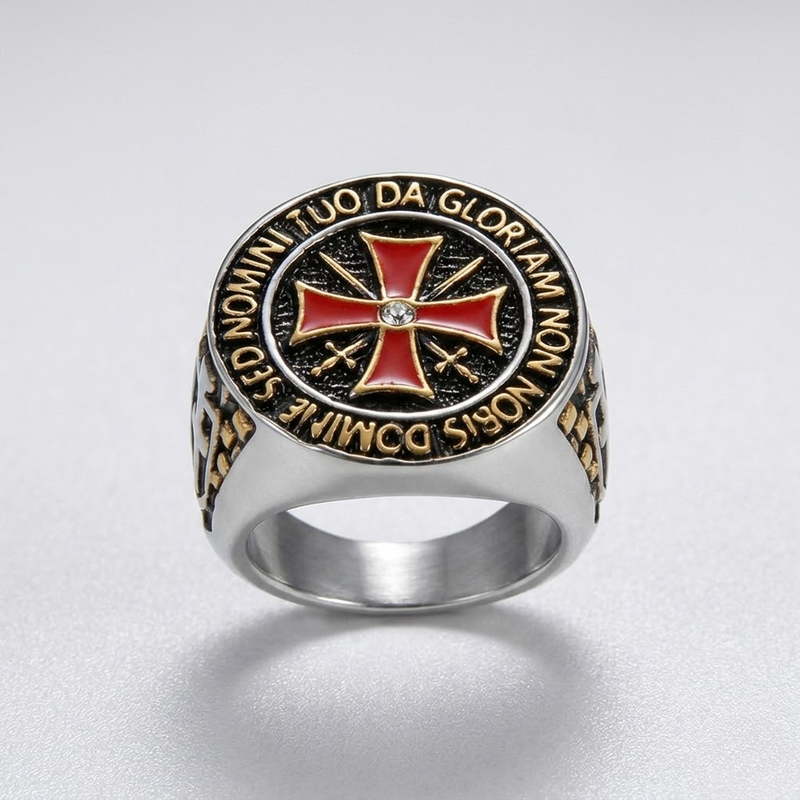 Knights Templar Ring Crusader Red Cross Masonic Signet Stainless Steel-Tithesource-Silver-7-