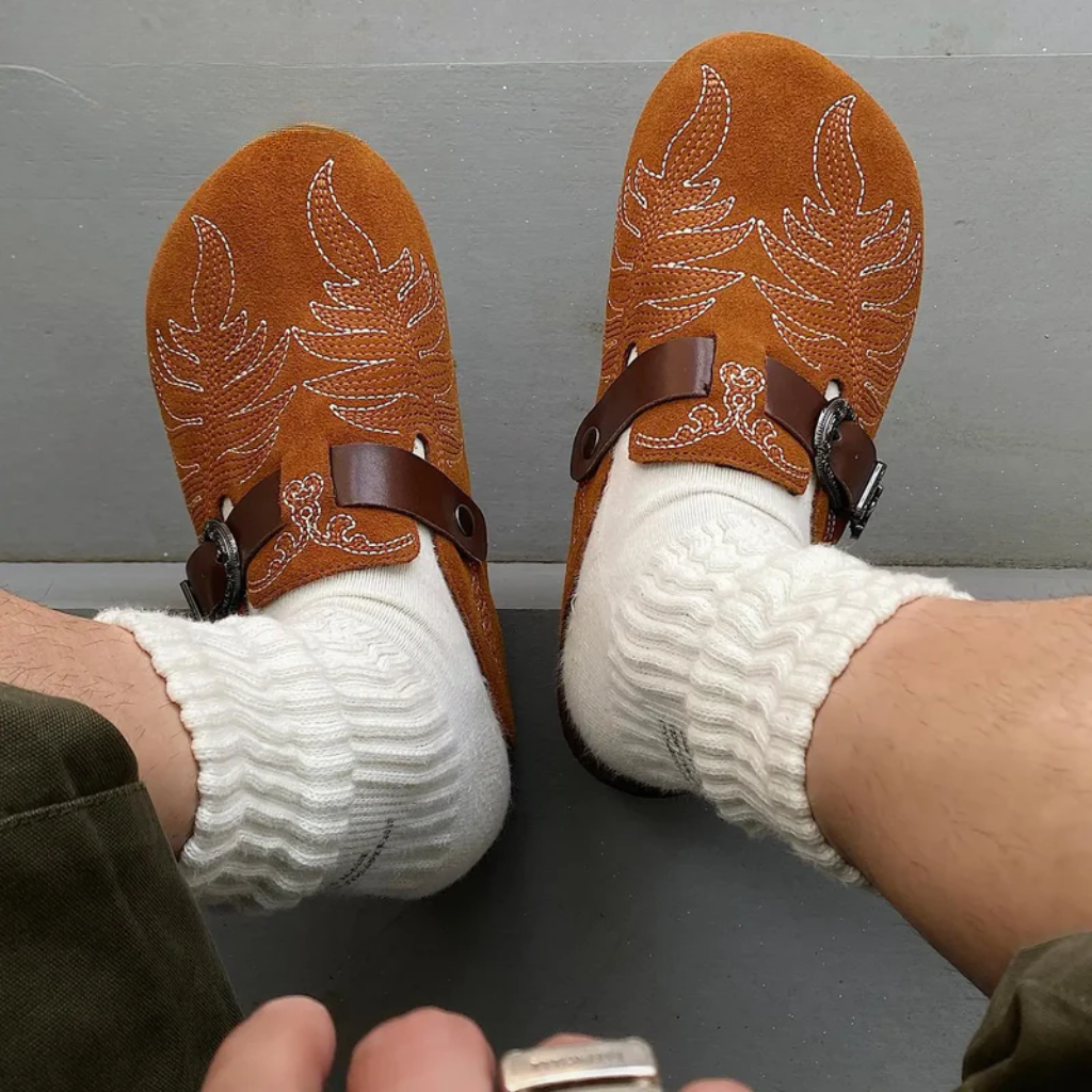 Leaf Embroided Suede Clogs
