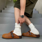 Leaf Embroided Suede Clogs