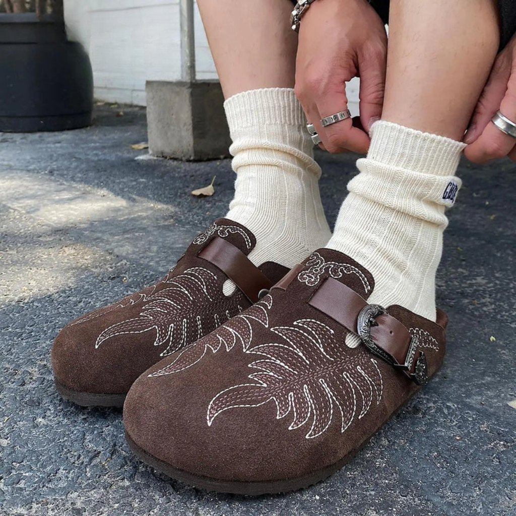 Leaf Embroided Suede Clogs