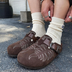 Leaf Embroided Suede Clogs