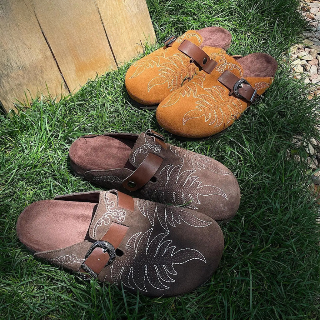 Leaf Embroided Suede Clogs
