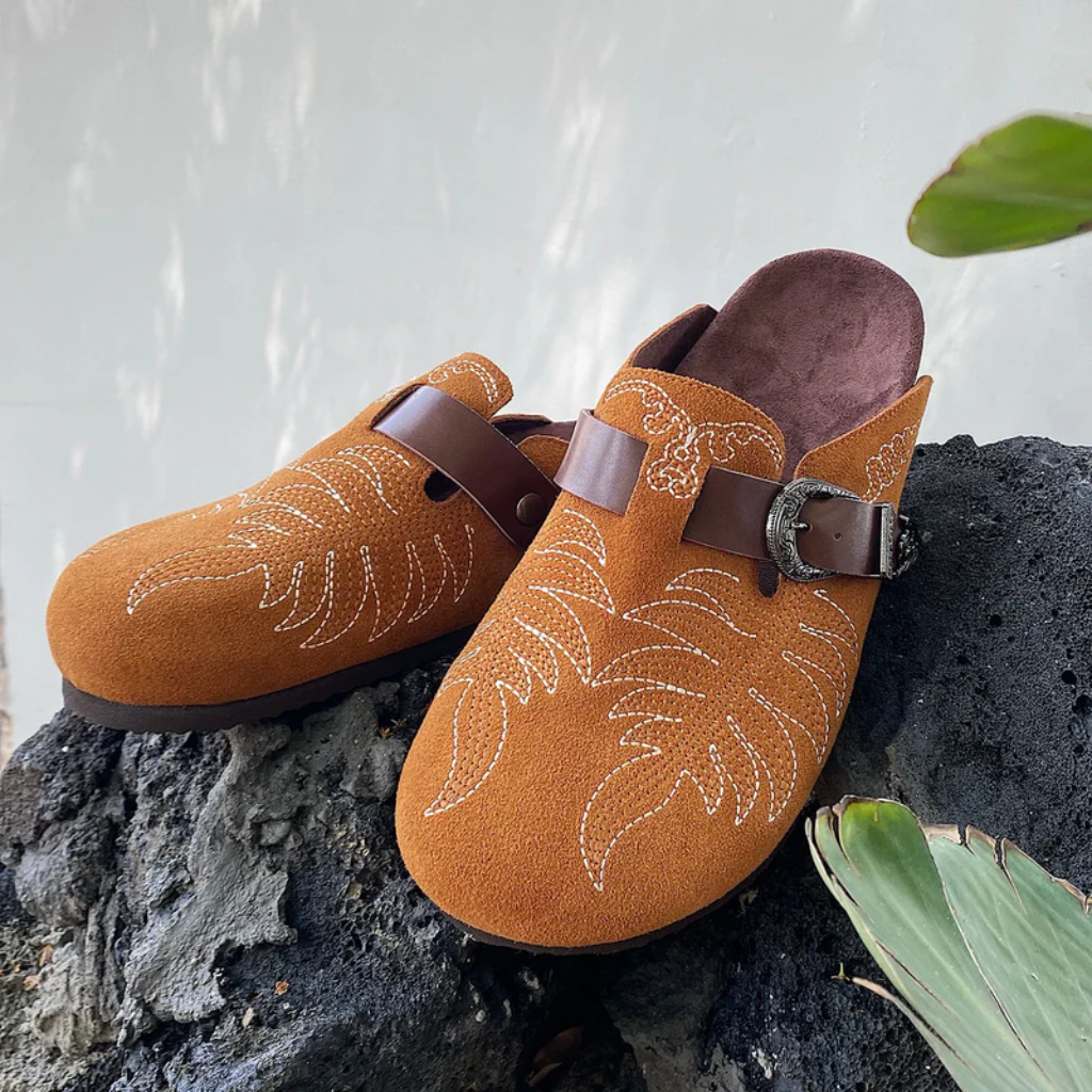 Leaf Embroided Suede Clogs