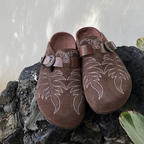 Leaf Embroided Suede Clogs