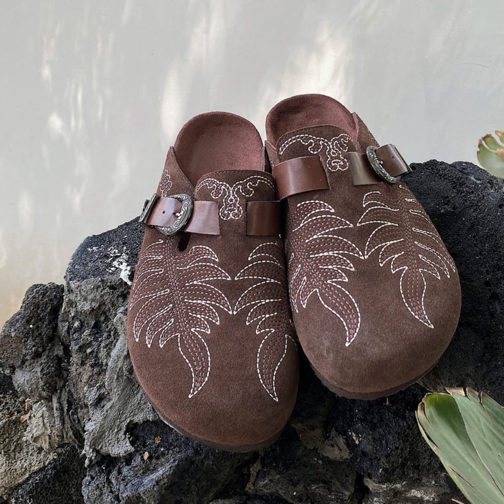 Leaf Embroided Suede Clogs