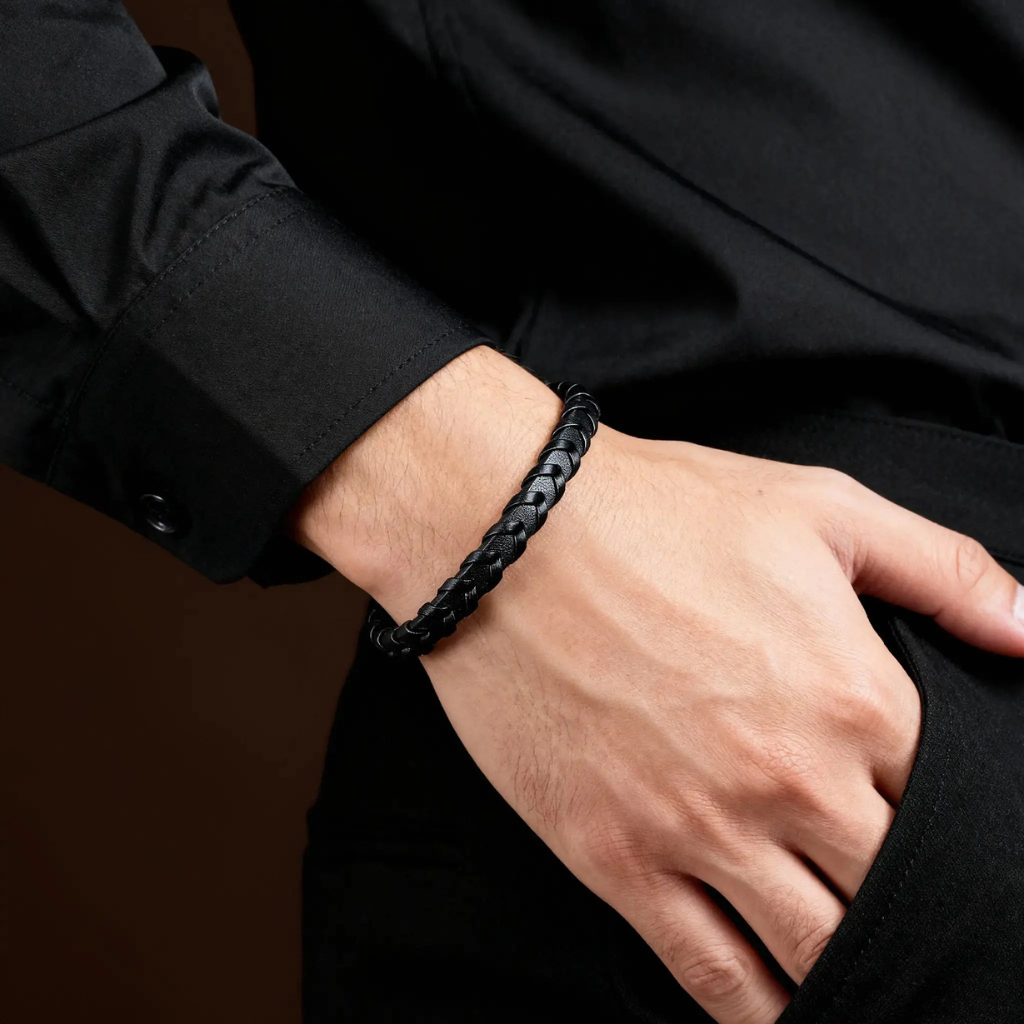 Leather Black Bracelet Men Thin Braided