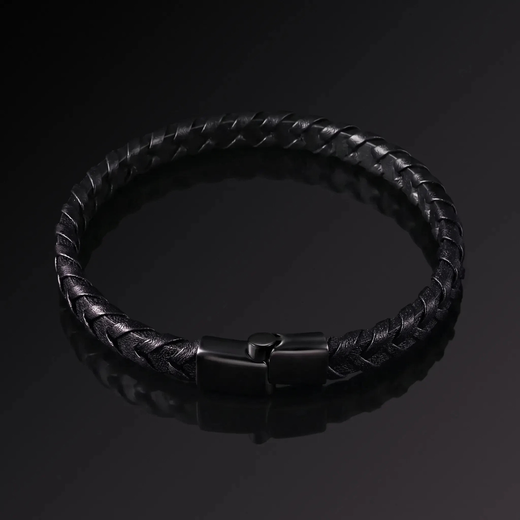 Leather Black Bracelet Men Thin Braided