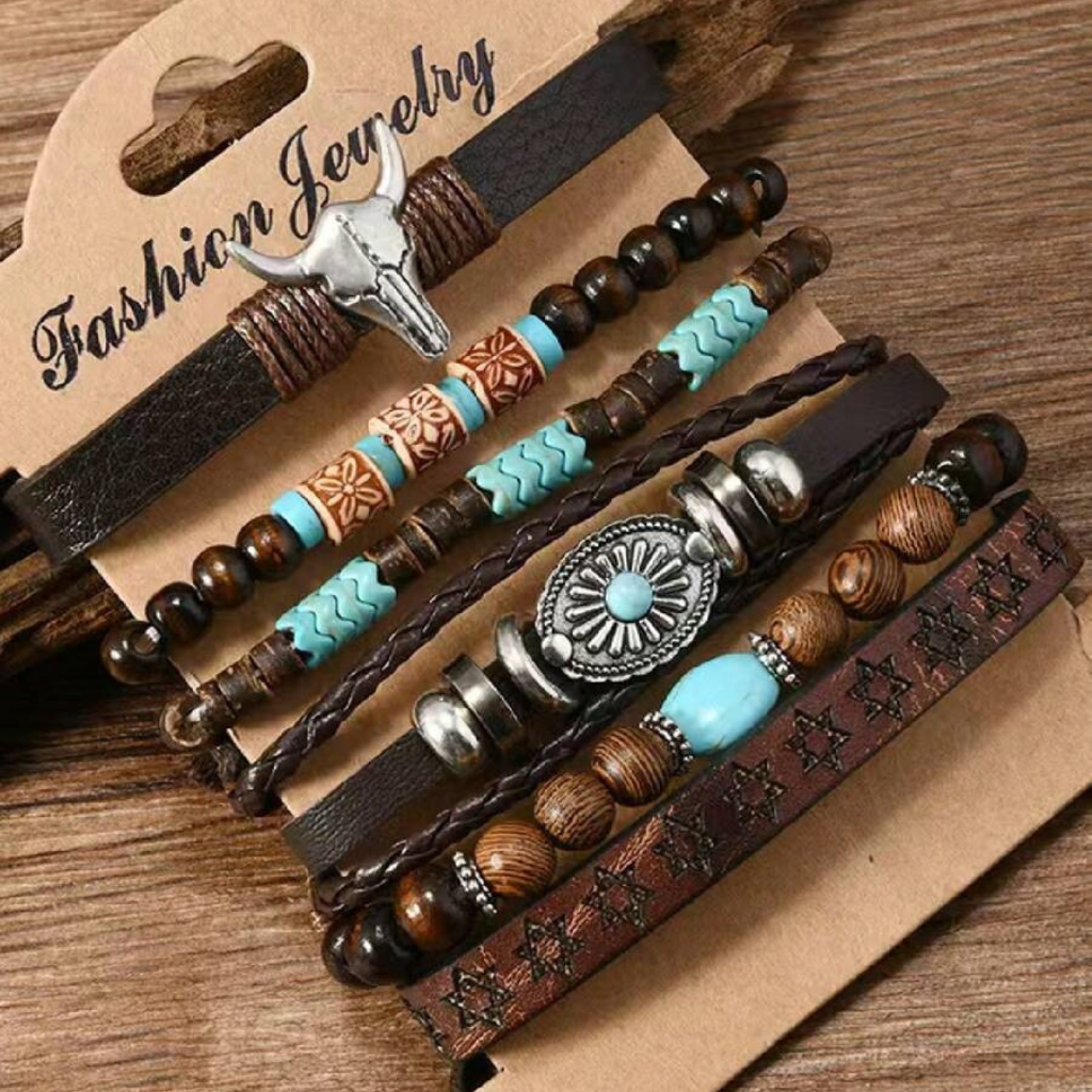 Leather Bracelet Men Beaded Cross Western Cowboy 6 Piece Stackable Set