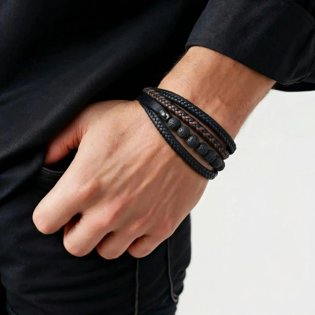 Leather Bracelet Men Beaded Lava Stone Triple Braided