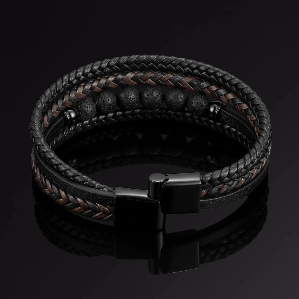 Leather Bracelet Men Beaded Lava Stone Triple Braided