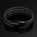 Leather Bracelet Men Beaded Lava Stone Triple Braided