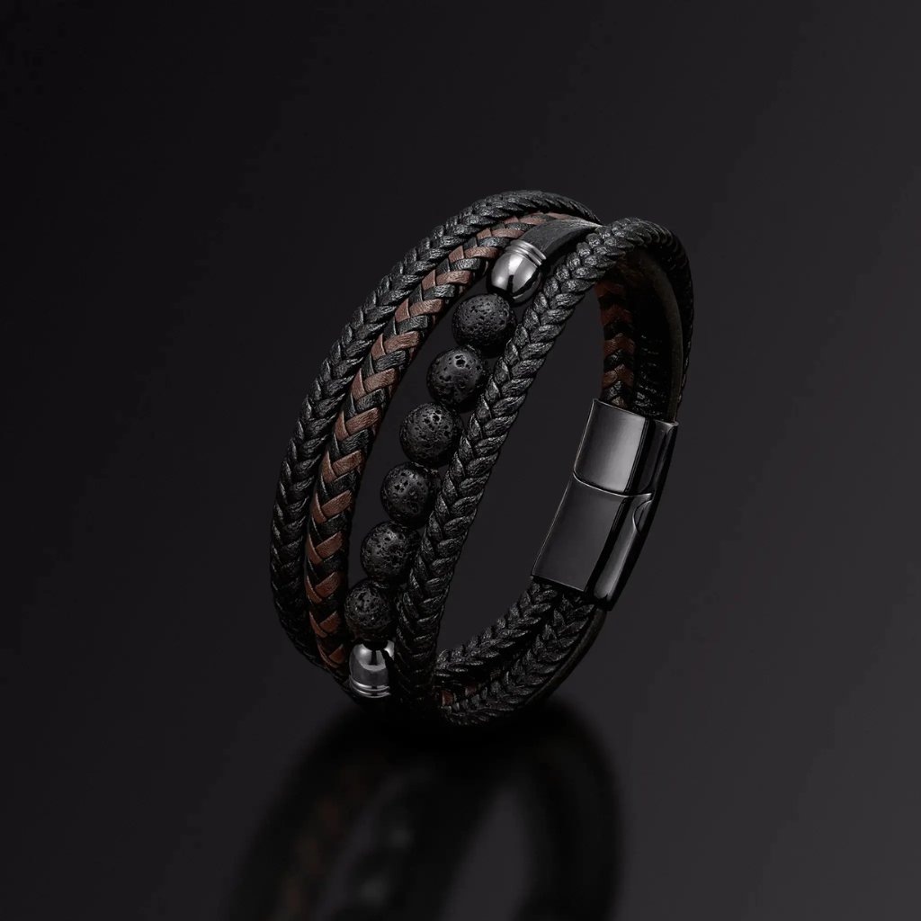 Leather Bracelet Men Beaded Lava Stone Triple Braided
