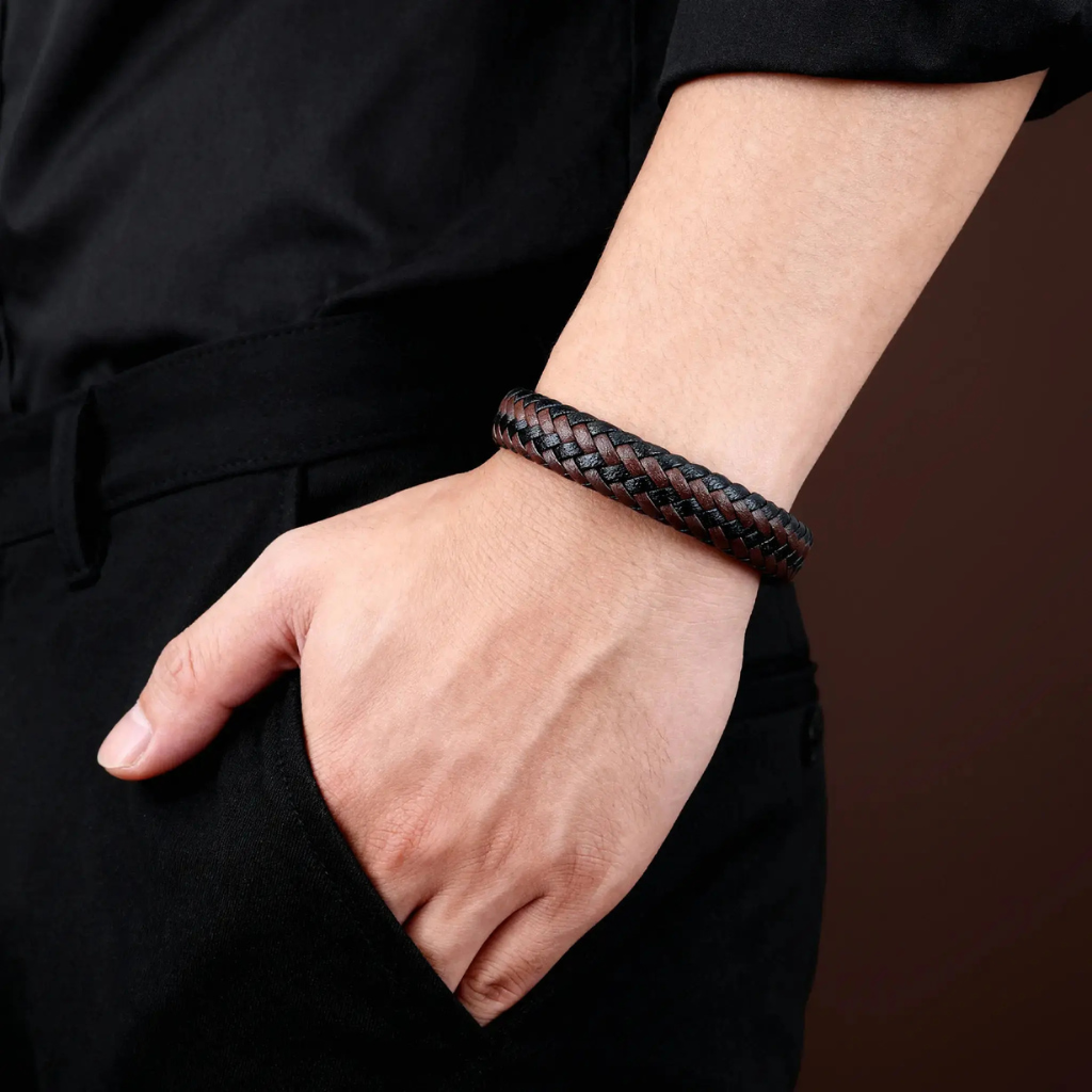 Leather Bracelet Men Braided Black and Brown