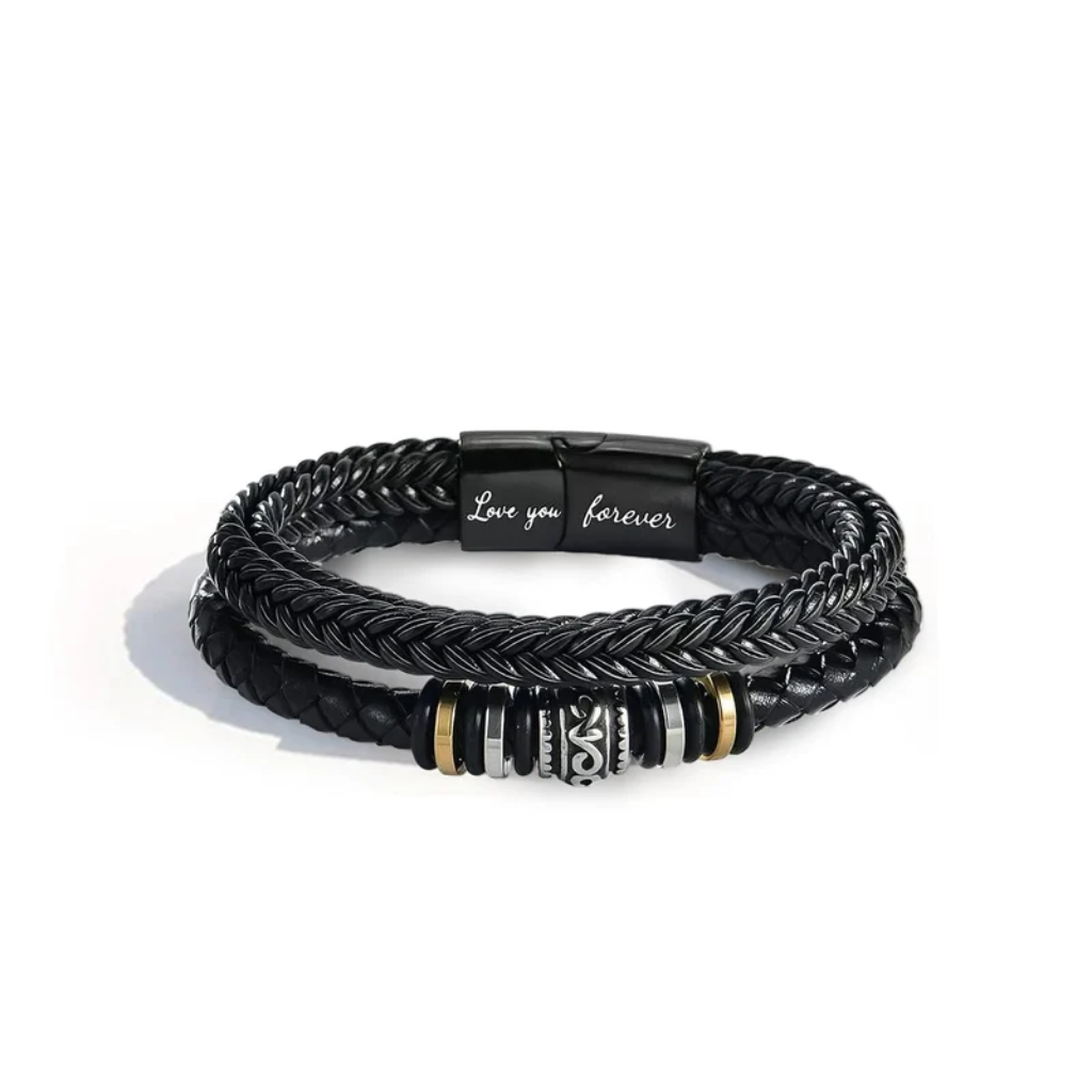 Leather Bracelet Men Braided Double Layer Magnetic Clasp Engraved