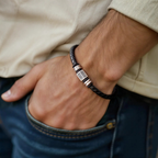 Leather Bracelet Men Braided Thin Black Titanium Clasp Minimalist Stackable