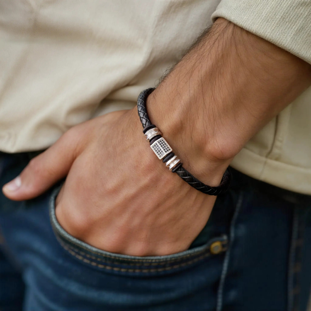 Leather Bracelet Men Braided Thin Black Titanium Clasp Minimalist Stackable