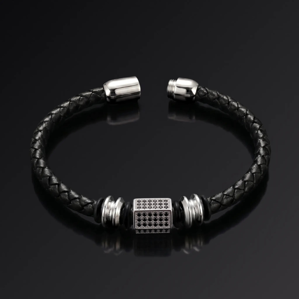 Leather Bracelet Men Braided Thin Black Titanium Clasp Minimalist Stackable