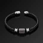 Leather Bracelet Men Braided Thin Black Titanium Clasp Minimalist Stackable