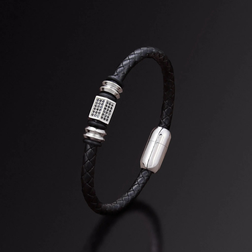 Leather Bracelet Men Braided Thin Black Titanium Clasp Minimalist Stackable