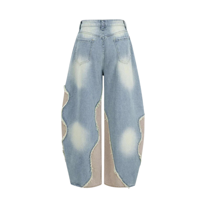 Baggy Denim Jeans Womens - Wide Leg Patchwork Frayed Rivets