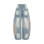 Baggy Denim Jeans Womens - Wide Leg Patchwork Frayed Rivets
