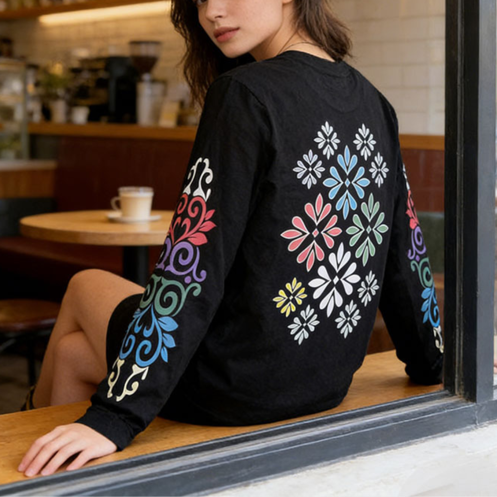 Long Sleeve Graphic Tee Shirt Mens Oversized Floral Ornament Sleeve Print