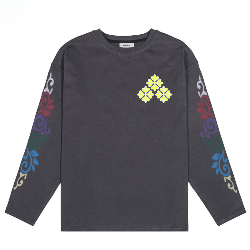 Long Sleeve Graphic Tee Shirt Mens Oversized Floral Ornament Sleeve Print