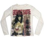 Long Sleeve Graphic Tee Womens Y2K Grunge Print White Slim Fit Vintage Top