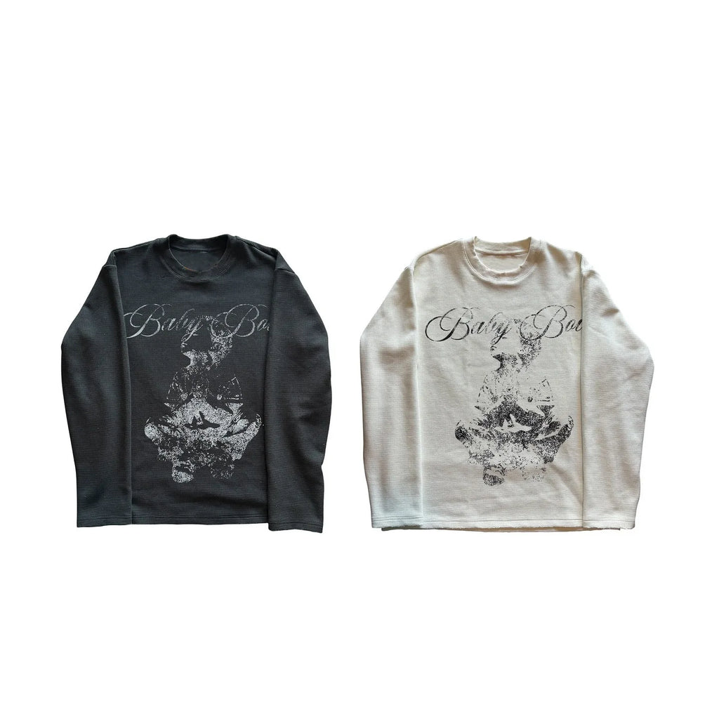 Long Sleeve Graphic Tee Womens Y2K Vintage Angel Print Waffle Knit Boxy Top