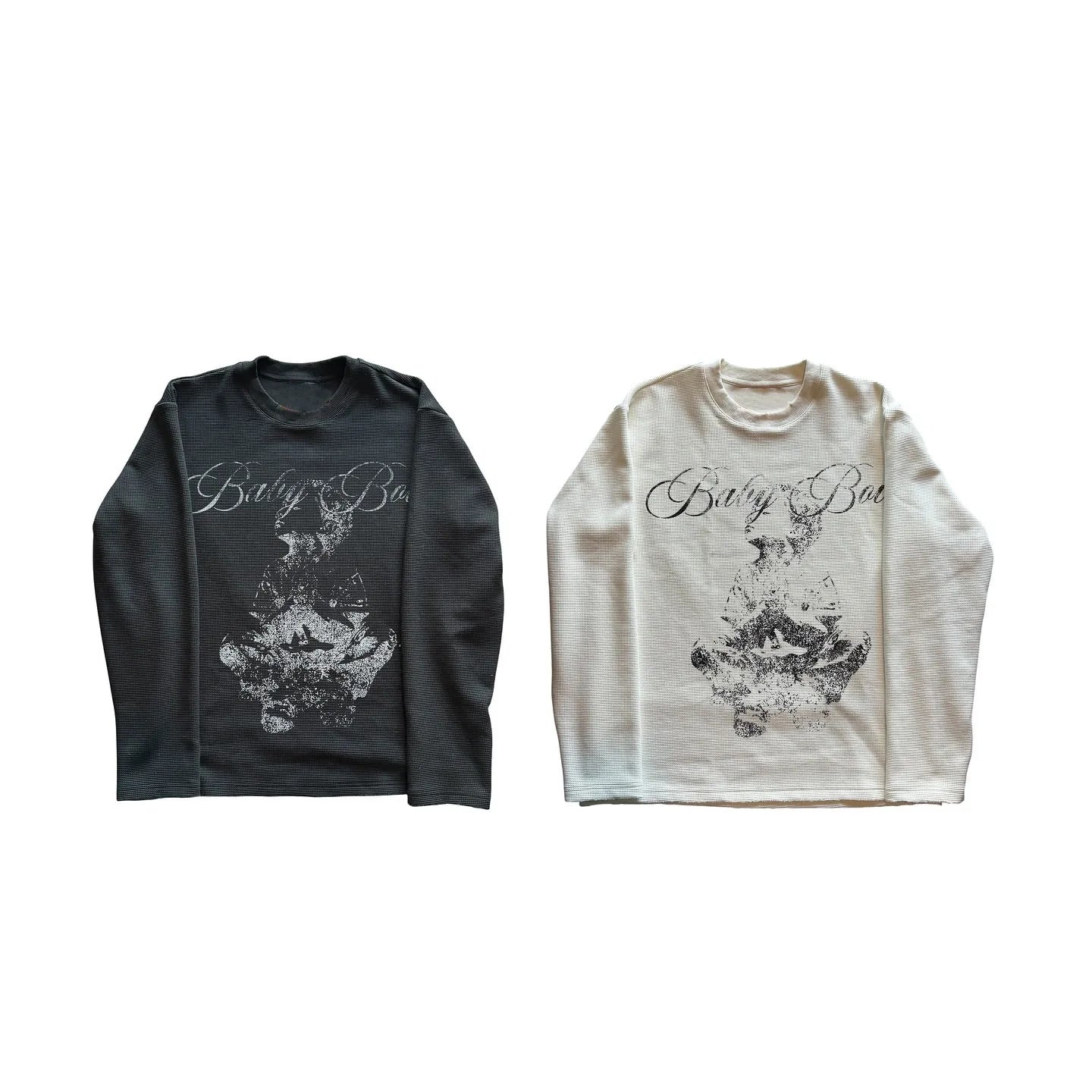 Long Sleeve Graphic Tee Womens Y2K Vintage Angel Print Waffle Knit Boxy Top