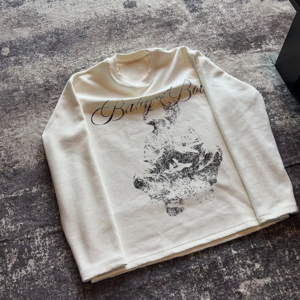 Long Sleeve Graphic Tee Womens Y2K Vintage Angel Print Waffle Knit Boxy Top