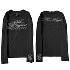 Long Sleeve Shirt Waffle Knit Graphic Tee Gothic Script Print Slim Fit