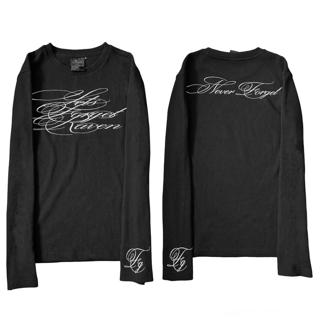 Long Sleeve Shirt Waffle Knit Graphic Tee Gothic Script Print Slim Fit