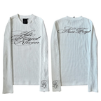 Long Sleeve Shirt Waffle Knit Graphic Tee Gothic Script Print Slim Fit