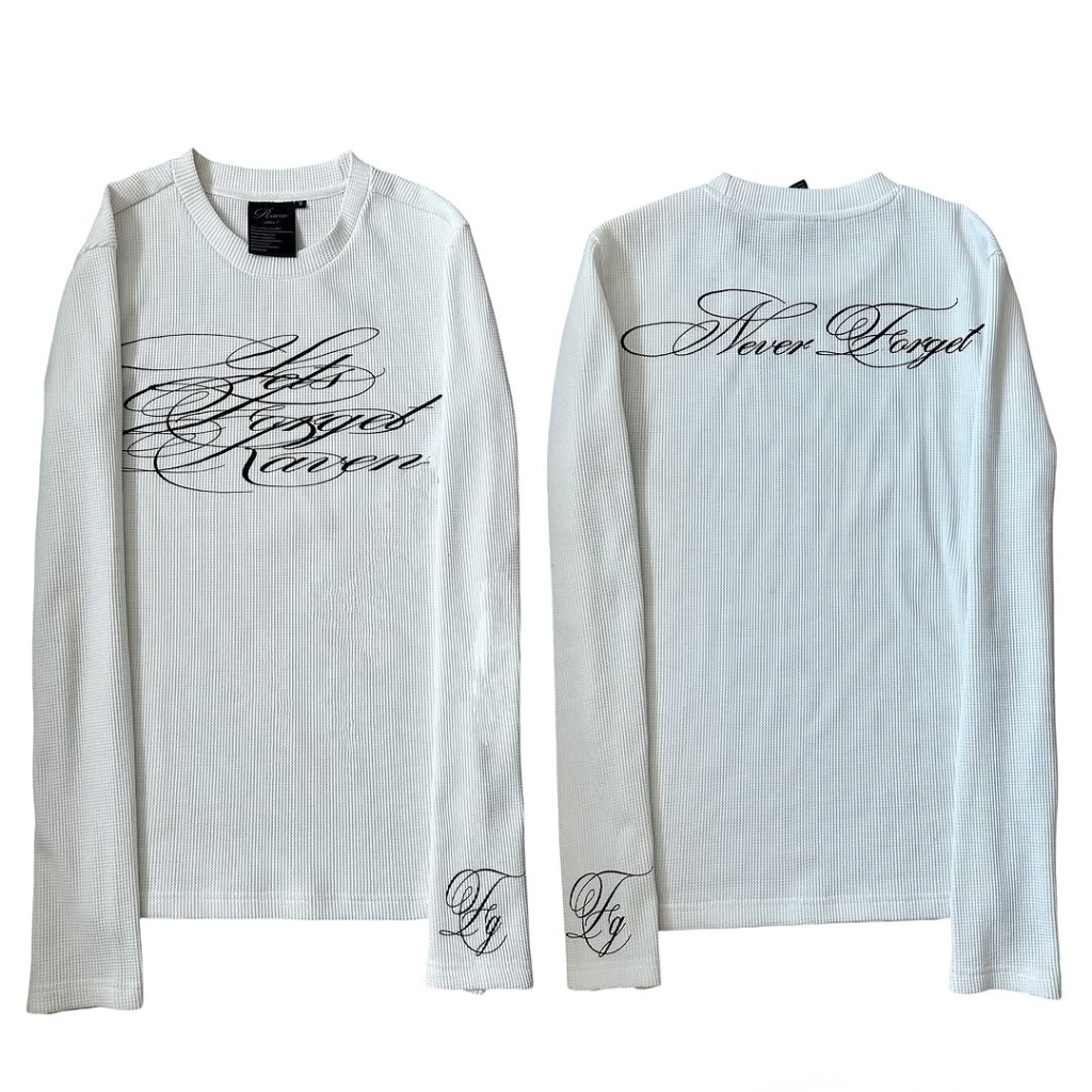 Long Sleeve Shirt Waffle Knit Graphic Tee Gothic Script Print Slim Fit