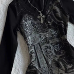 Long Sleeve Top Womens Y2K Gothic Cross Print V Neck Slim Fit Graphic Tee