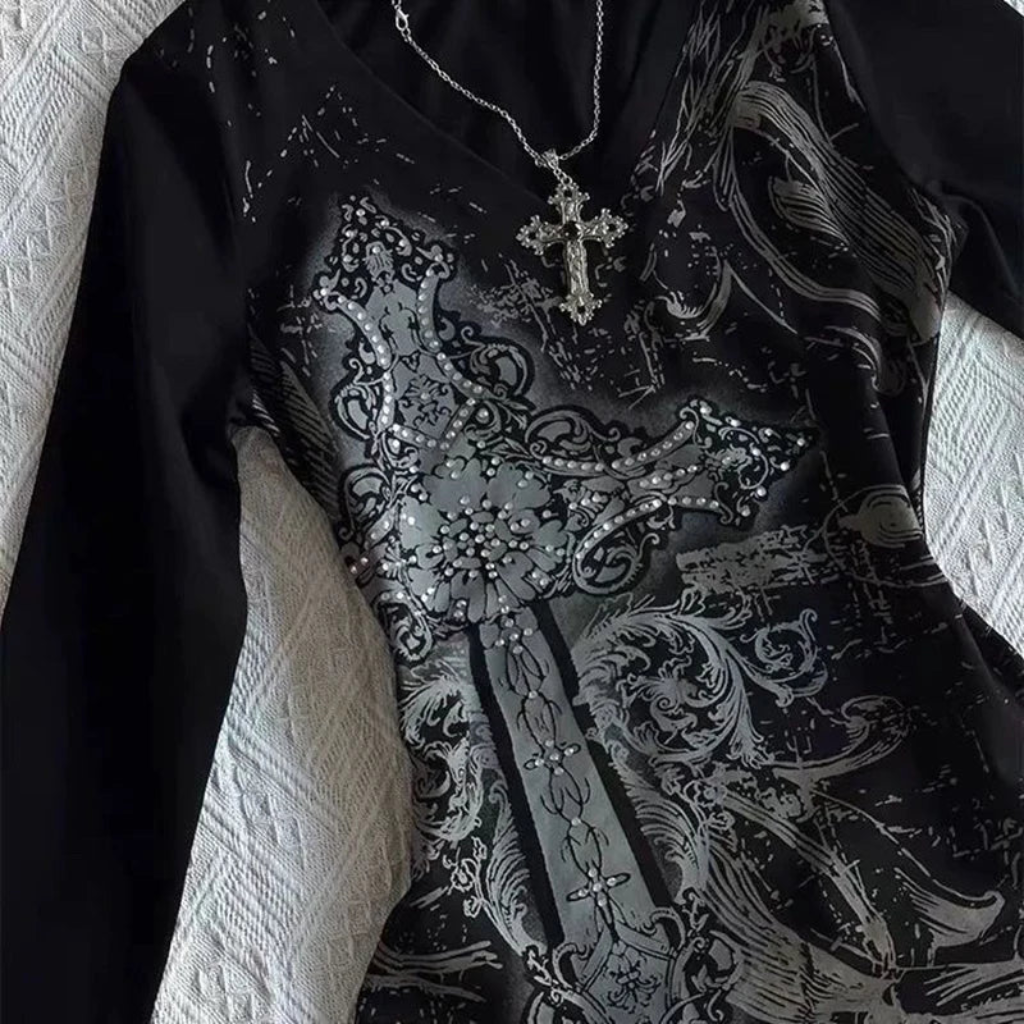 Long Sleeve Top Womens Y2K Gothic Cross Print V Neck Slim Fit Graphic Tee