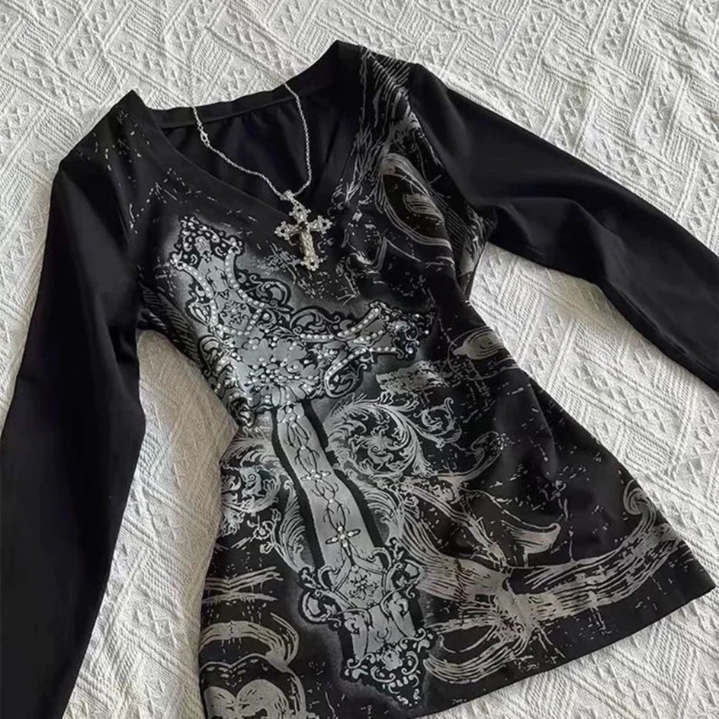 Long Sleeve Top Womens Y2K Gothic Cross Print V Neck Slim Fit Graphic Tee