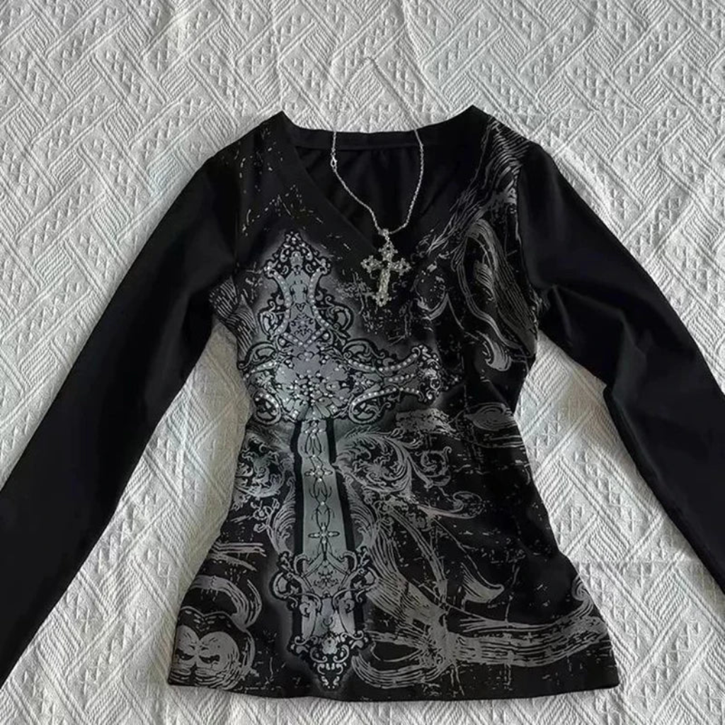 Long Sleeve Top Womens Y2K Gothic Cross Print V Neck Slim Fit Graphic Tee
