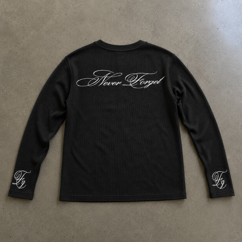 Long Sleeve Shirt Waffle Knit Graphic Tee Gothic Script Print Slim Fit